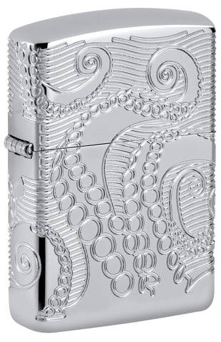 Front shot of ˫ Tentacles Design Armor® High Polish Chrome Windproof Lighter standing at a 3/4 angle.
